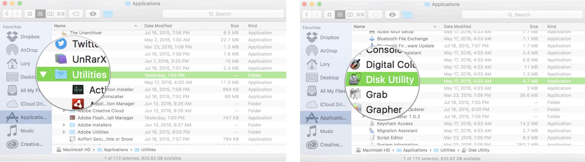 Выбор приложения Disk Utility на Mac