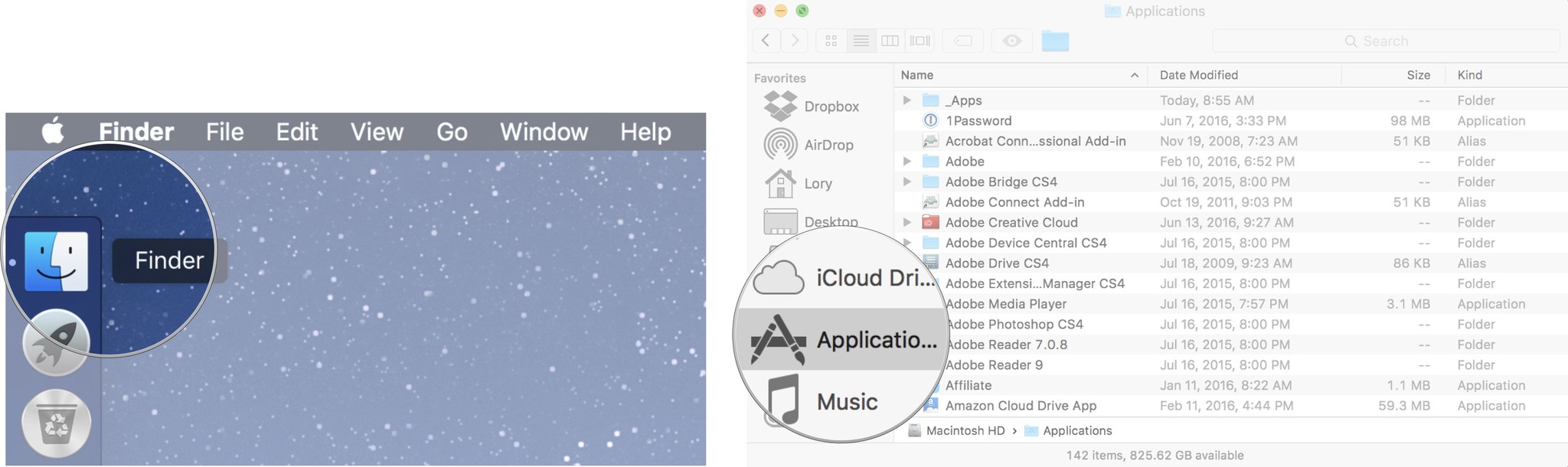 Выбор приложений в окне Finder на Mac