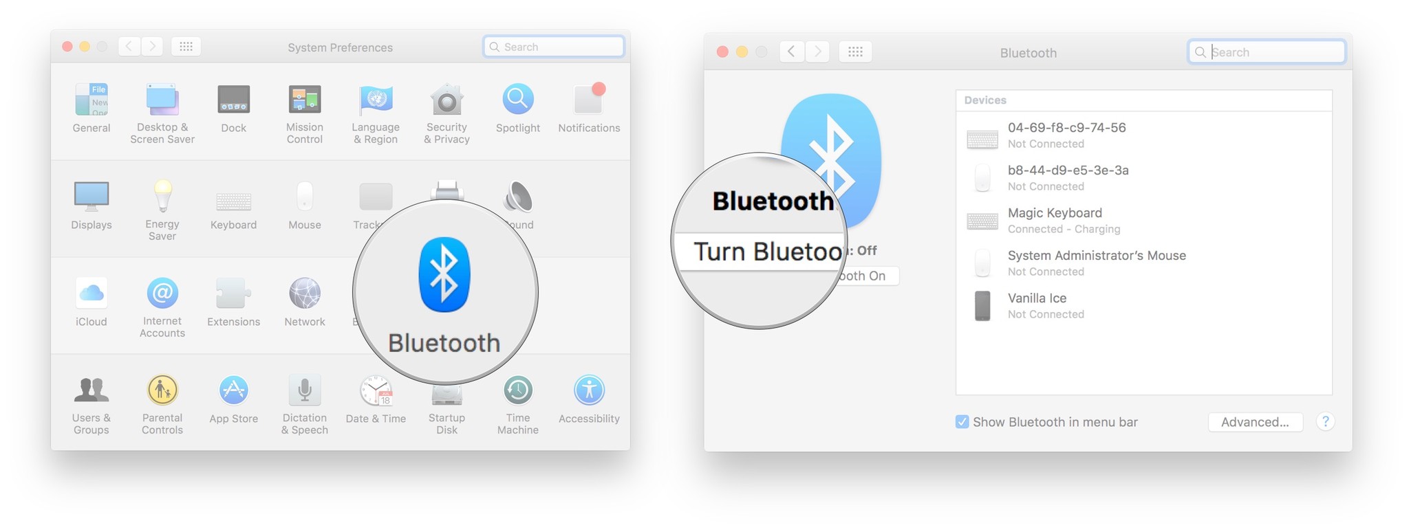 Нажмите Bluetooth, а затем нажмите кнопку «Включить Bluetooth».