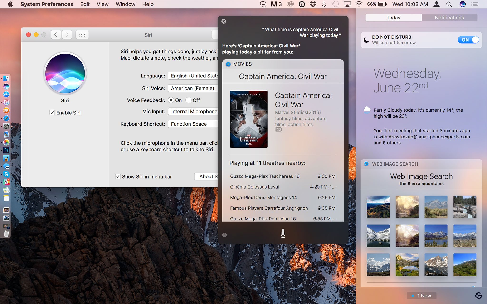 Siri preferences, interface, and results pinned to Notification Center