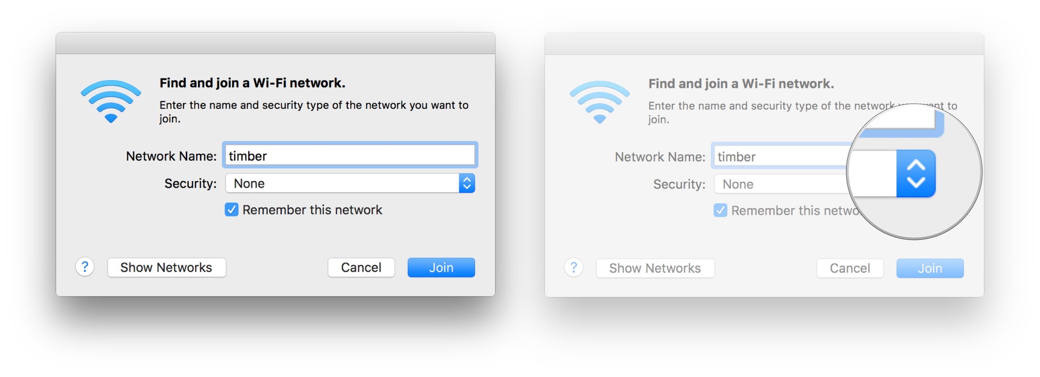Typ on the network name and click on the dropdown menu.