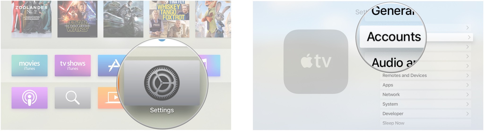 Выберите настройки на главном экране Apple TV, а затем выберите учетные записи.