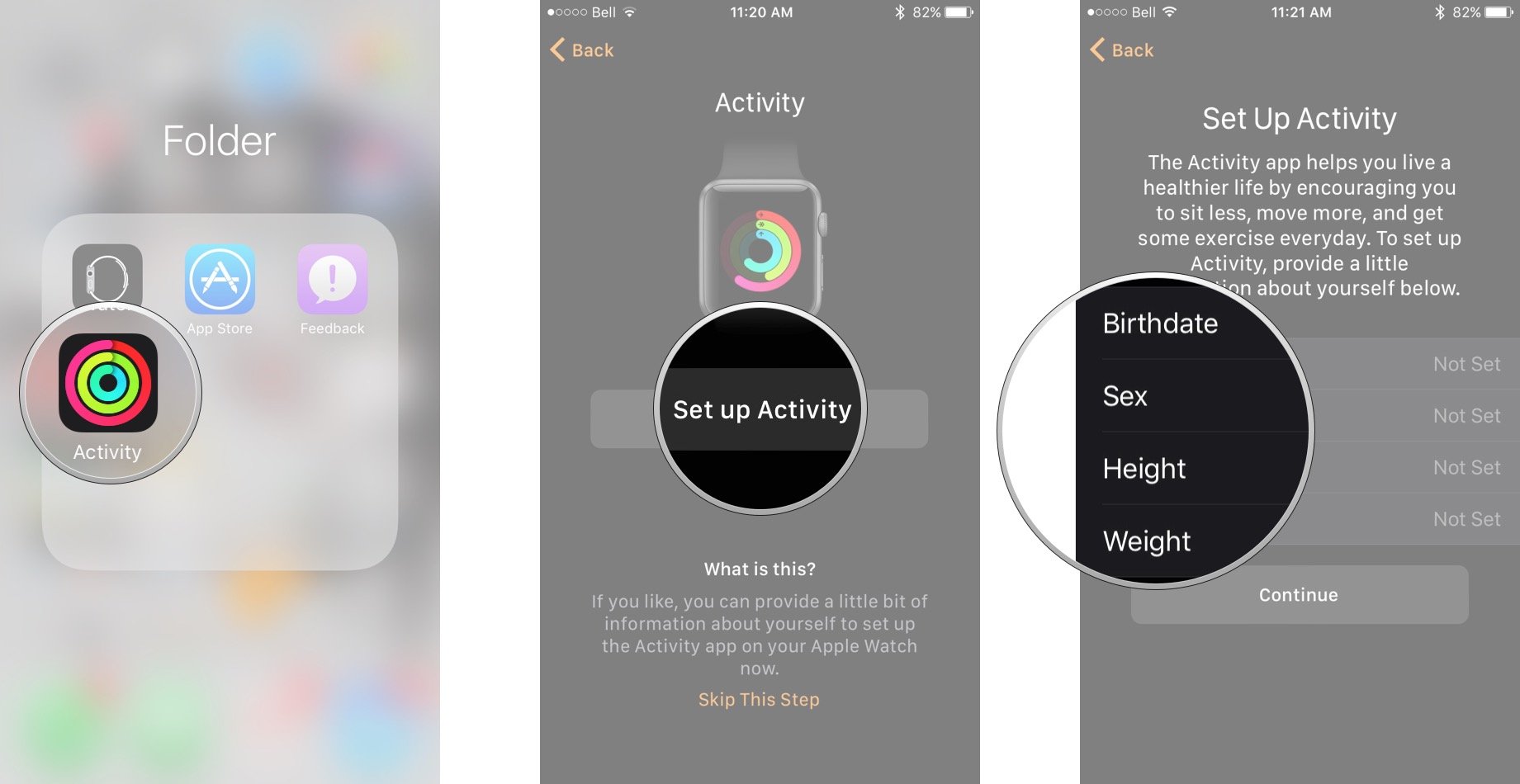 Launch the Activities app, tap set up activity and enter your personal information.