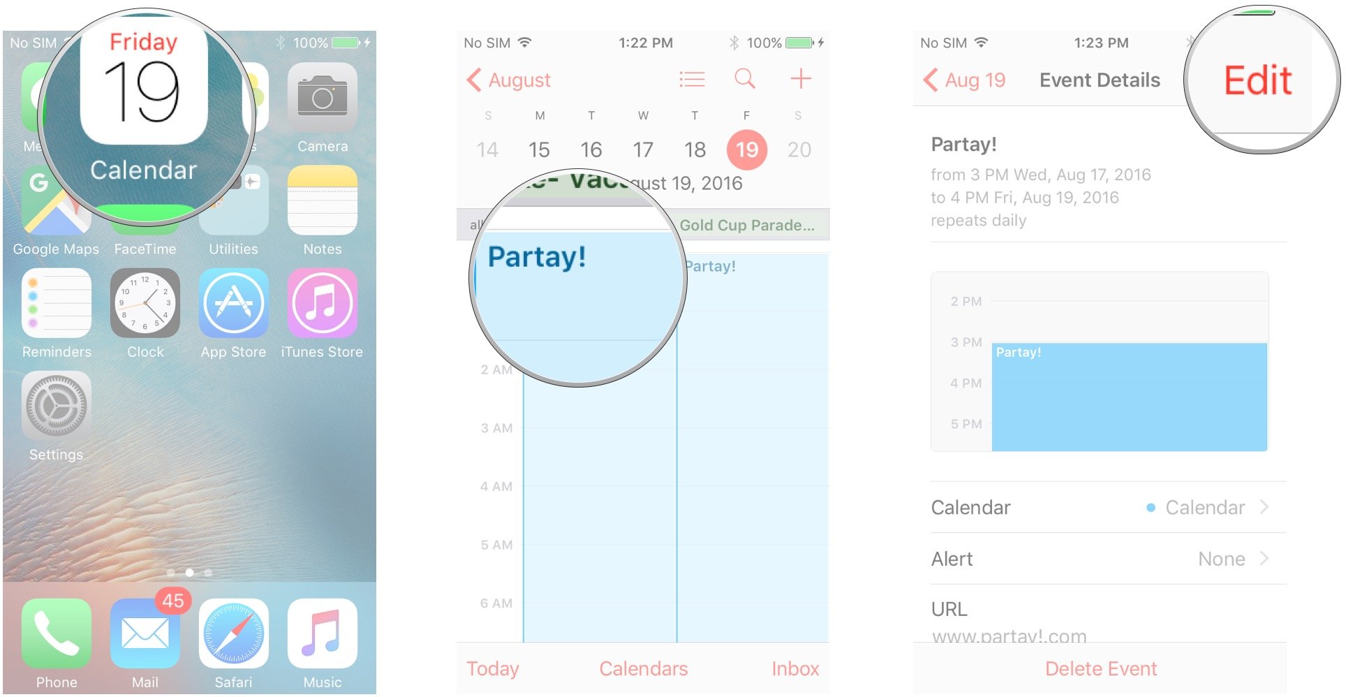 Share an event in Calendar on iPhone and iPad by showing: Launch Calendar, tap the event, tap Edit