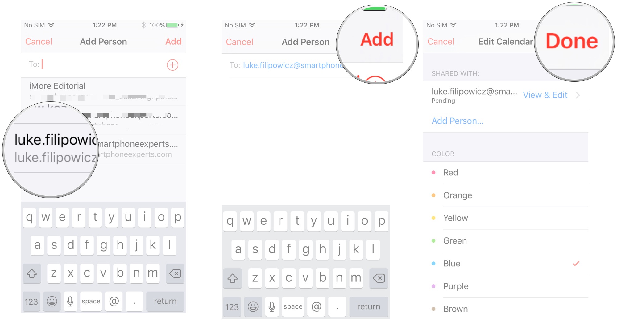 Partagez un calendrier iCloud sur iPhone et iPad en affichant : Appuyez sur la personne, appuyez sur Ajouter, appuyez sur Terminé