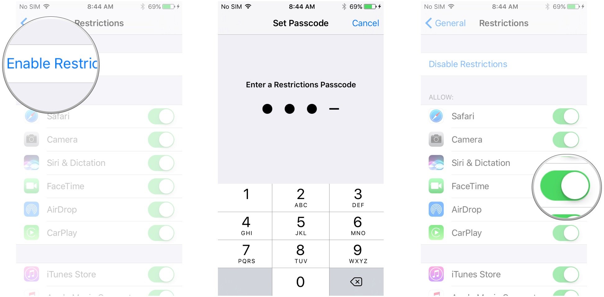 Tap Enable Restrictions, enter a passcode, enter it again to confirm, tap the switch next to FaceTime to disable it