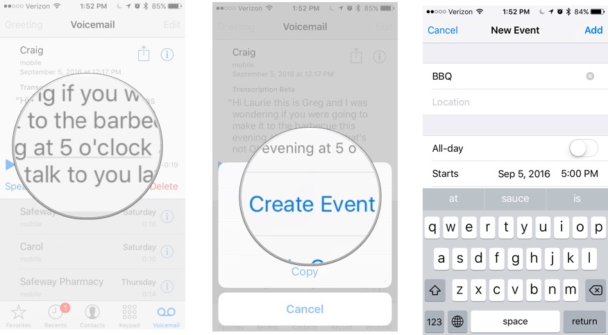 Adding a Calendar event from a voicemail transcript on iPhone