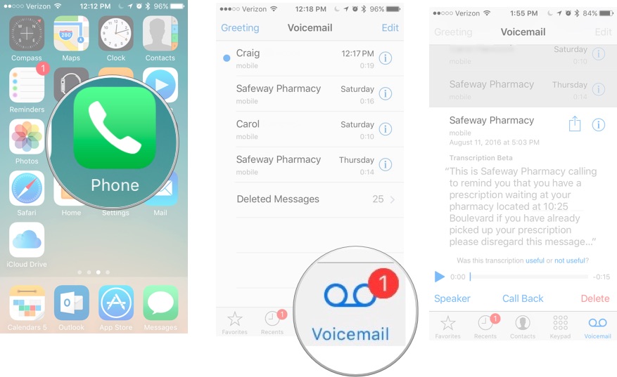 Selecting a voicemail transcript on iPhone