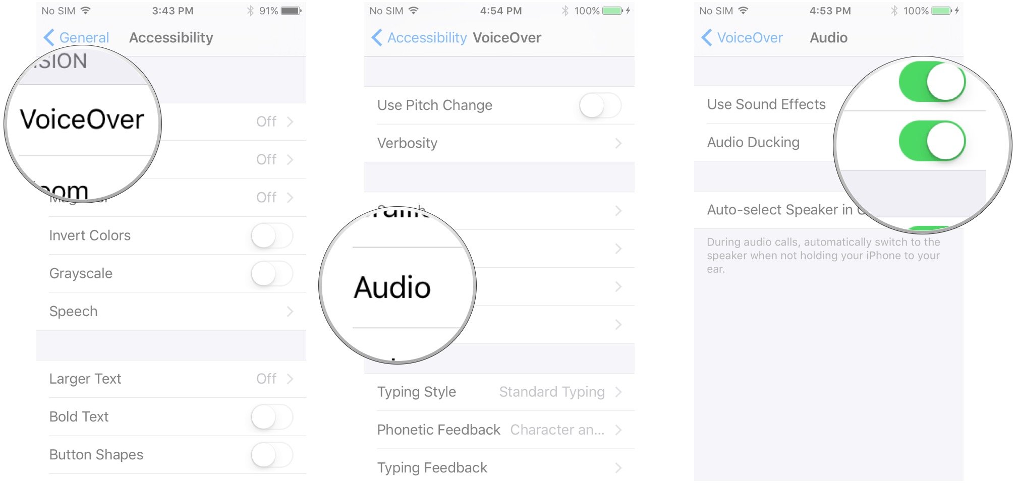 Tap VoiceOver, tap Audio, tap the switch next to each option to enable it