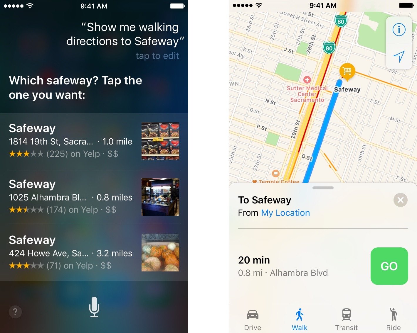 Siri помогает проложить маршрут пешком