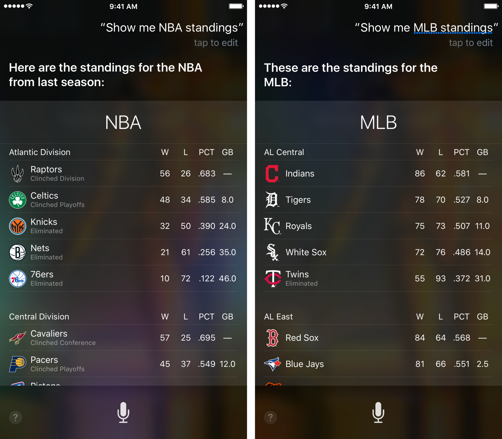 Ask Siri about the league standings