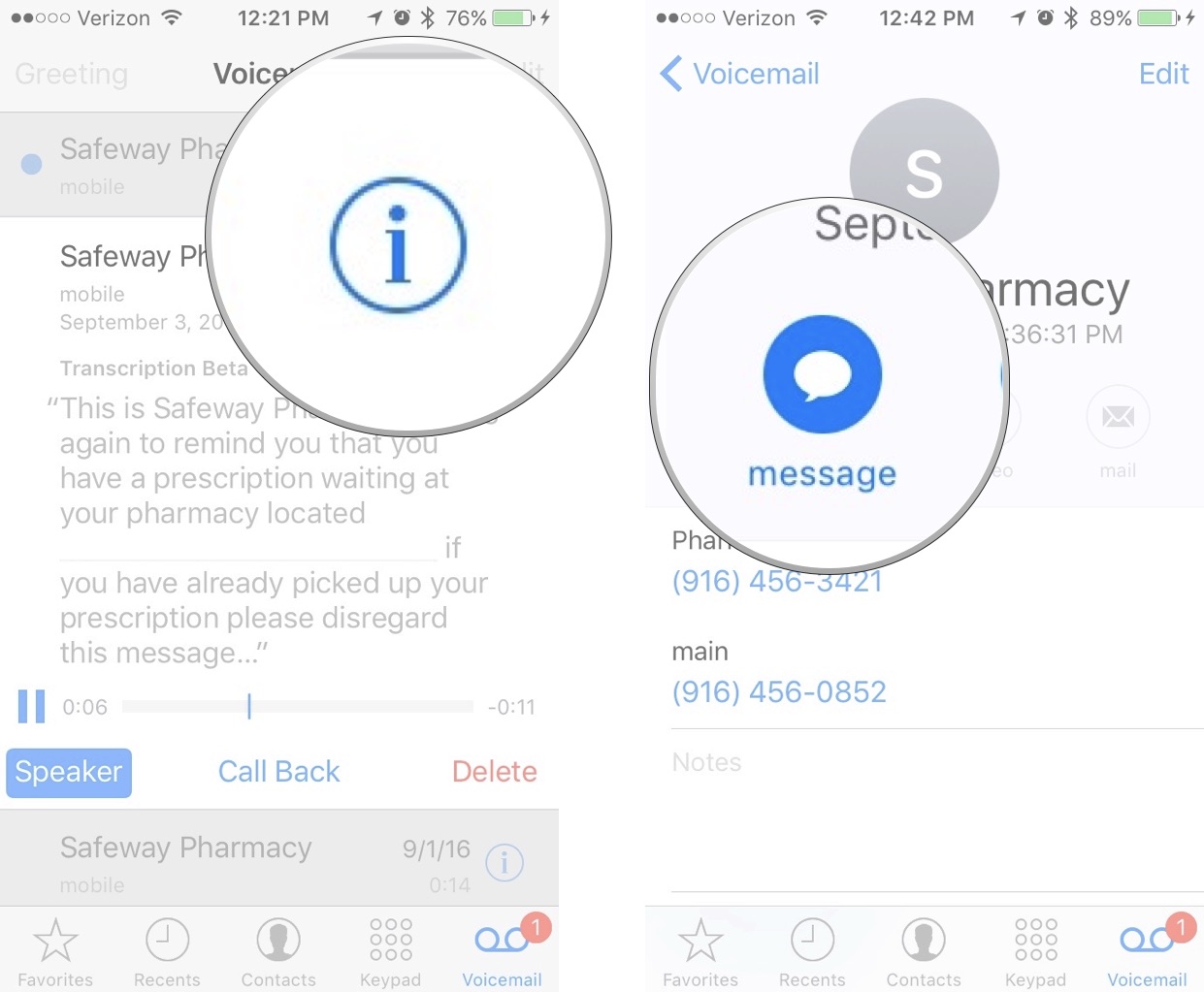 Contact cards in voicemail on iPhone