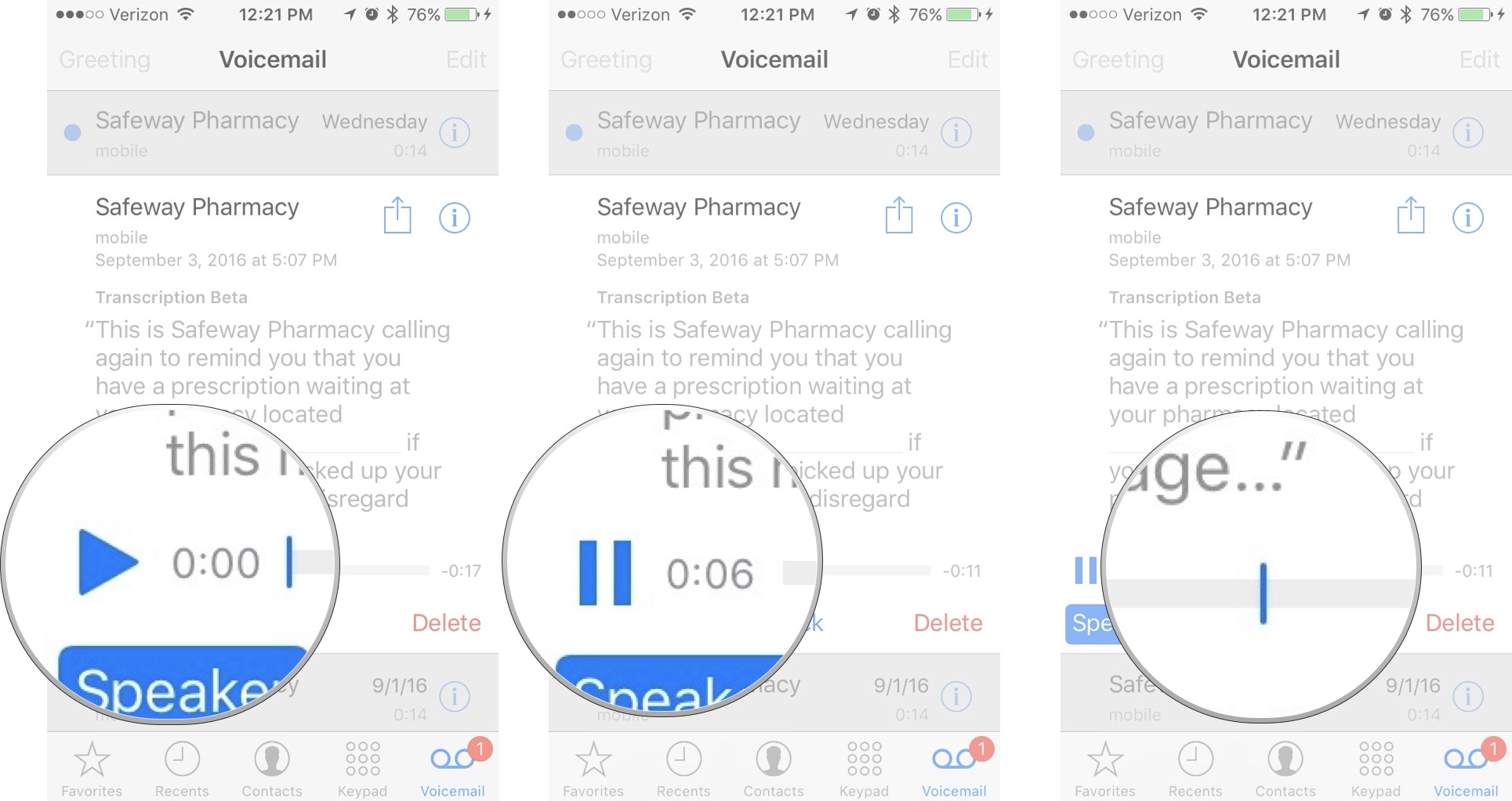 Playback controls for voicemail messages on iPhone