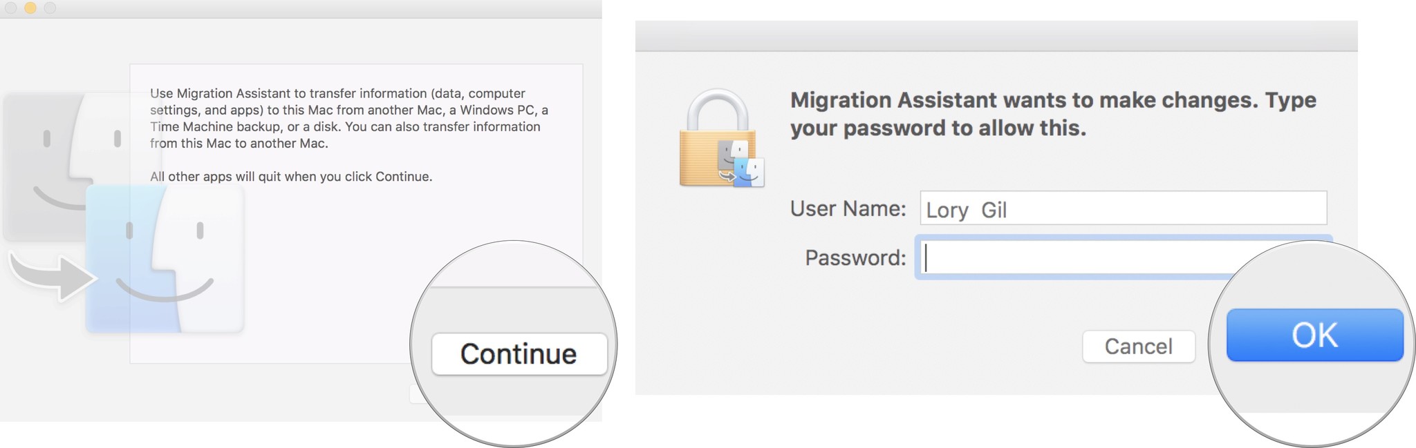 Migrate data from your old Mac to your new Mac showing how to click Continue, enter your administrator password, then click OK