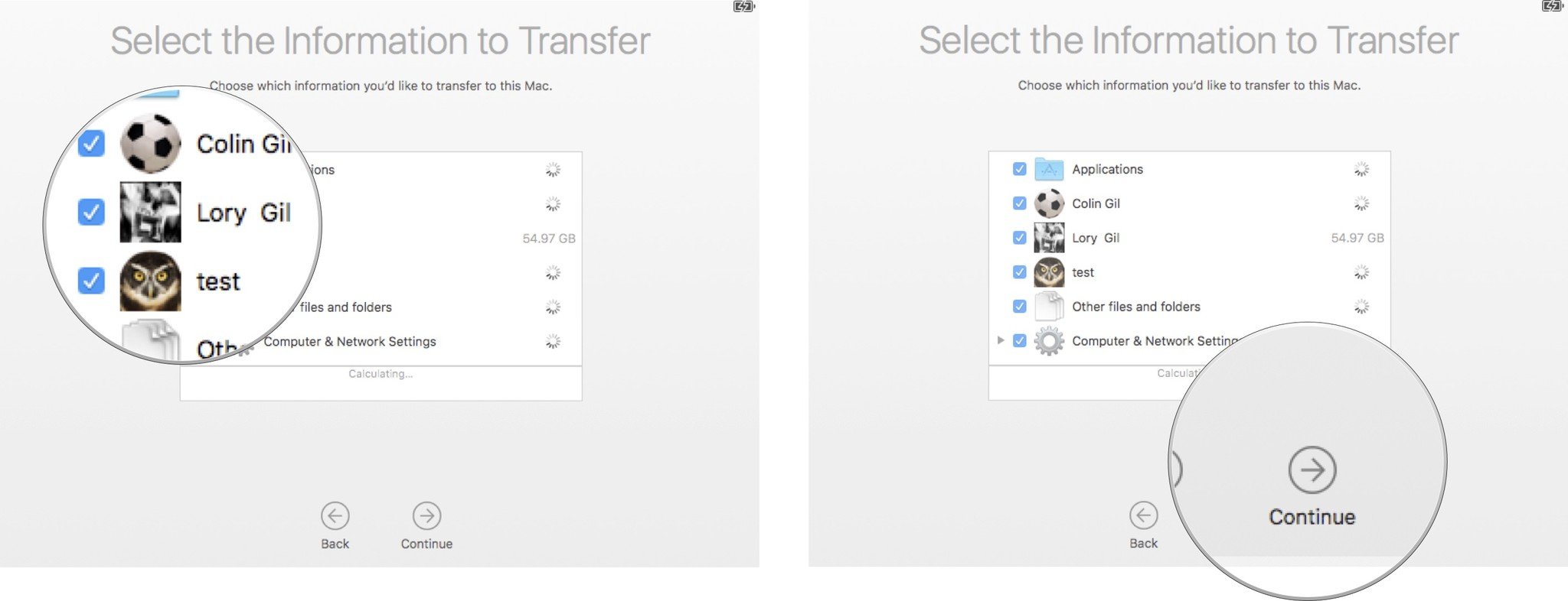 Select the files and folders you want to transfer to the new Mac, then click Continue