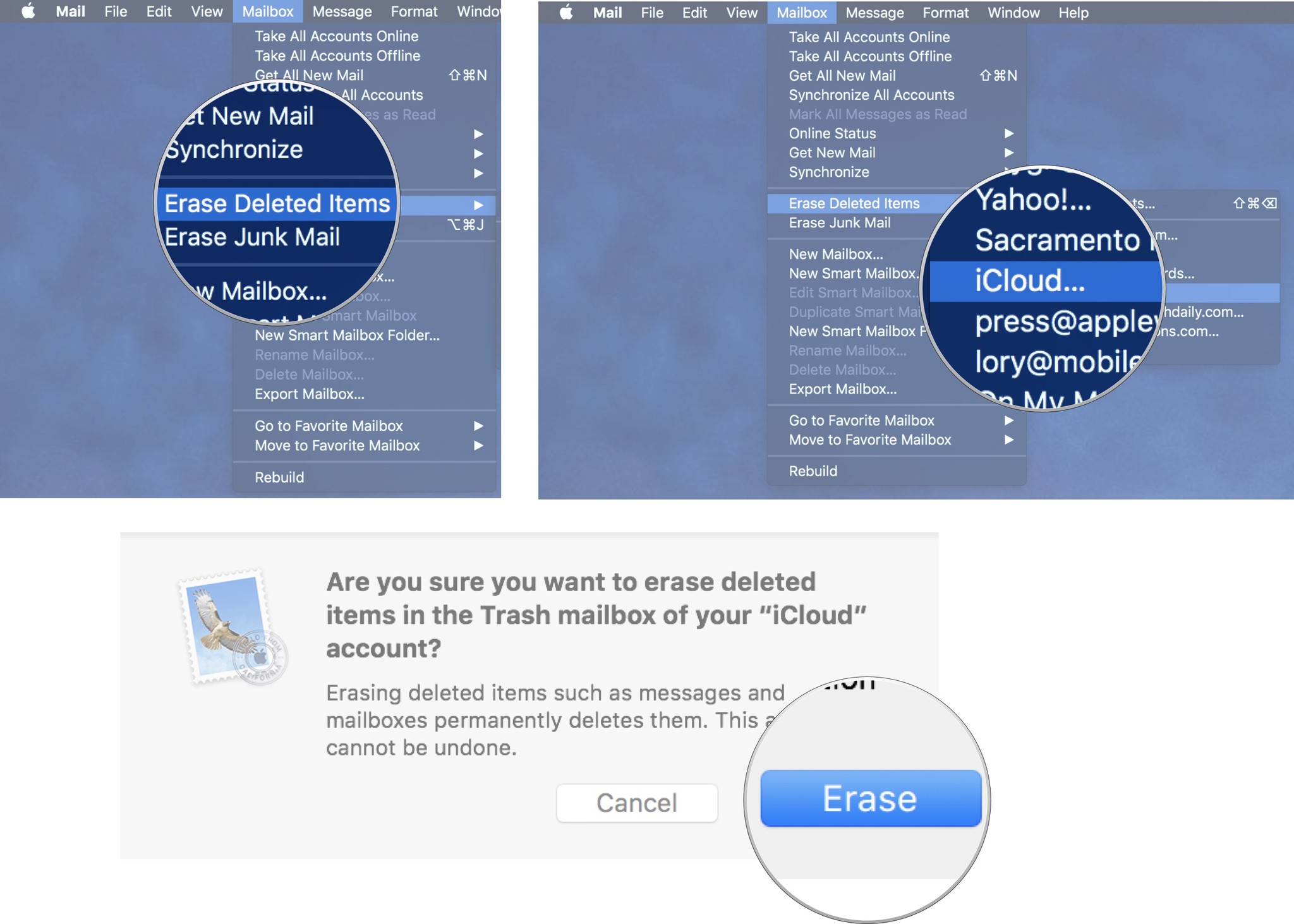 Click on erase deleted items, then select iCloud, then click erase
