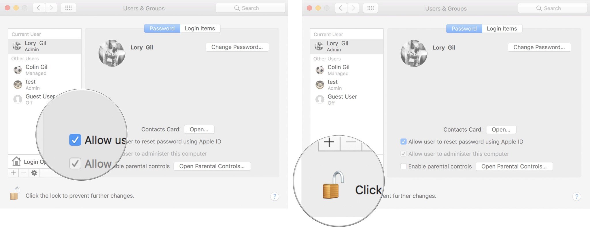 Установите флажок, чтобы разрешить Apple ID сбрасывать Mac, затем нажмите на замок.