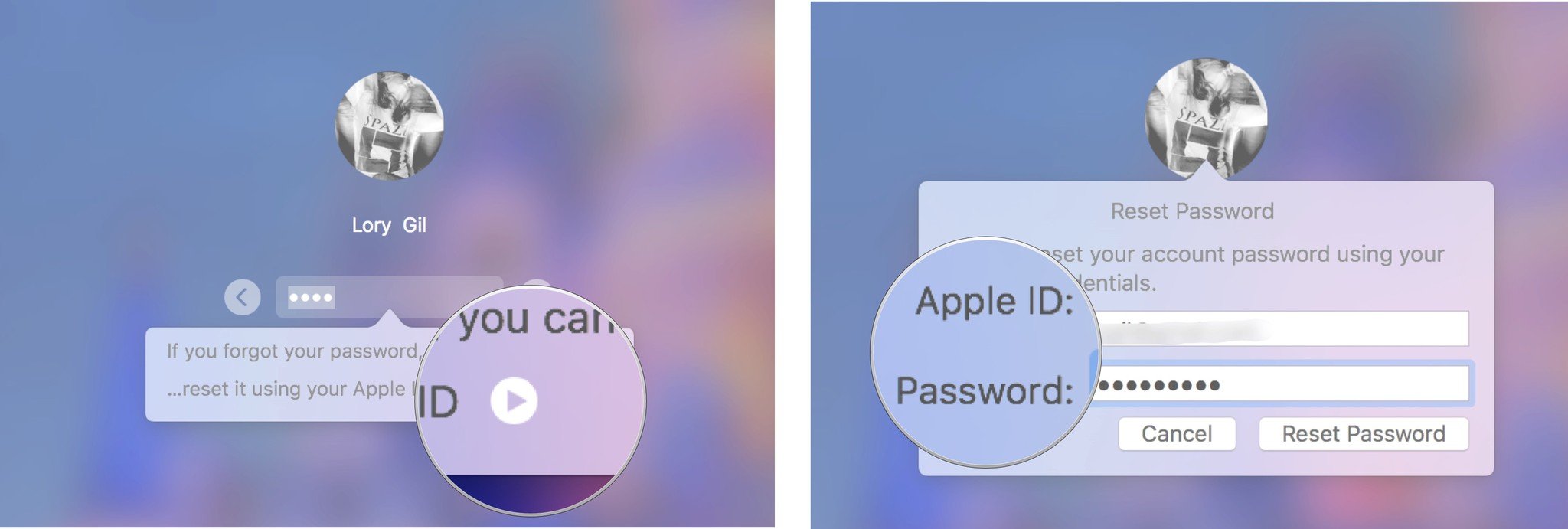 Щелкните стрелку, затем введите свой Apple ID и пароль.