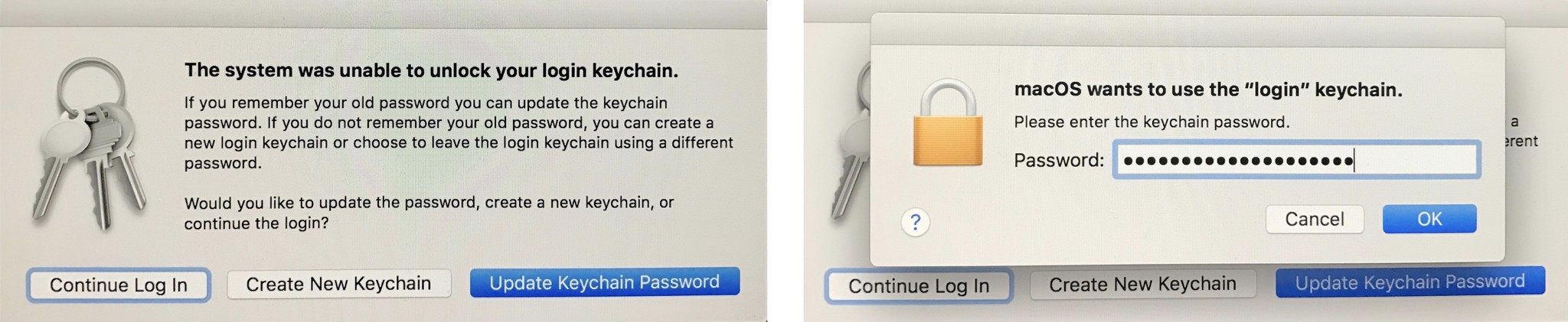When prompted, click Continue Log In, Create New Keychain, or Update Keychain Password 