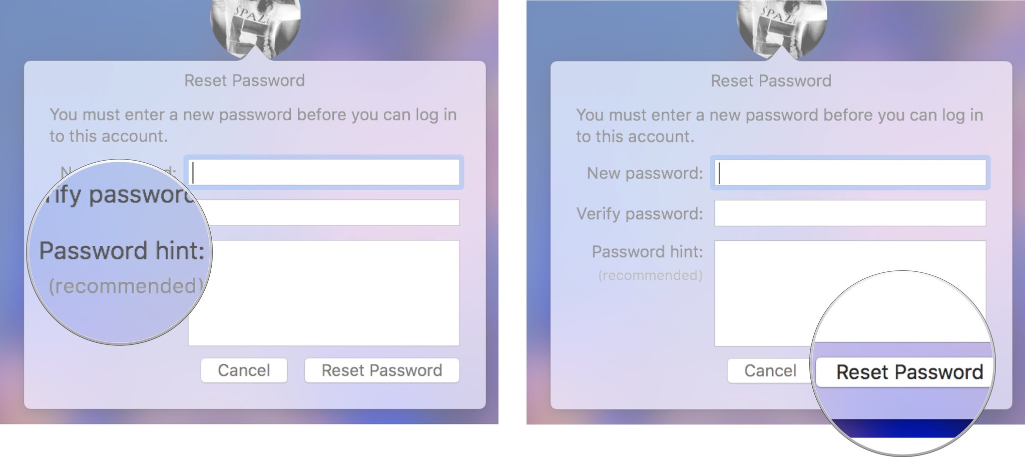 введите подсказку для пароля, затем нажмите «Сбросить пароль»