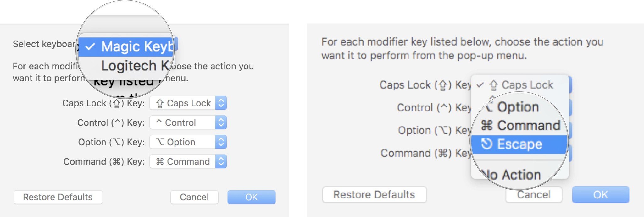 Выберите встроенную клавиатуру, а затем выберите Escape в раскрывающемся меню Caps Lock.