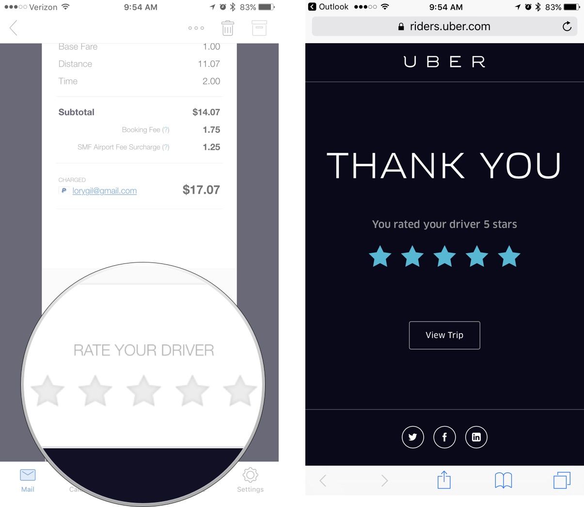 Open the email from Uber and tap the star you want to rate