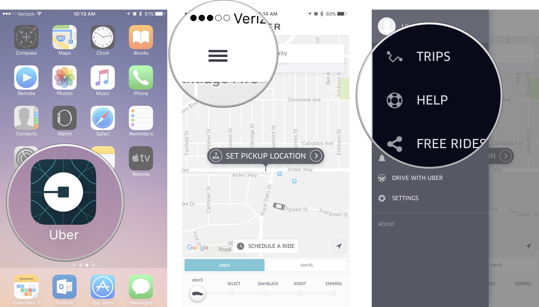 Open the Uber app on iPhone, then tap menu, then tap help