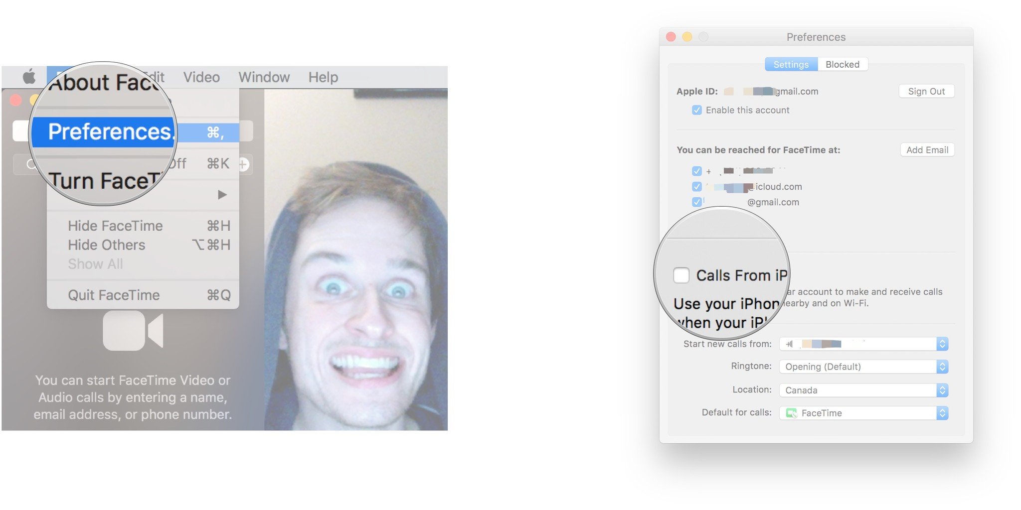 Click FaceTime, click Preferences, click the checkbox next to Calls from iPhone