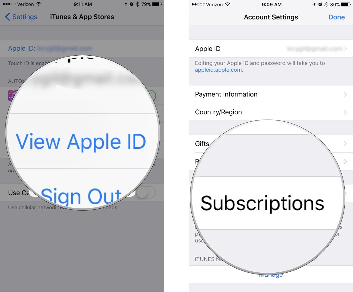 Коснитесь «Просмотреть Apple ID», затем коснитесь «Подписки».