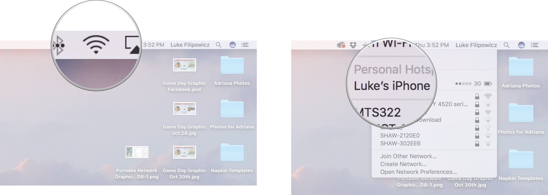 Click on the Wi-Fi icon in your Mac's menu bar and then click on the device you want to use as a personal hotspot.
