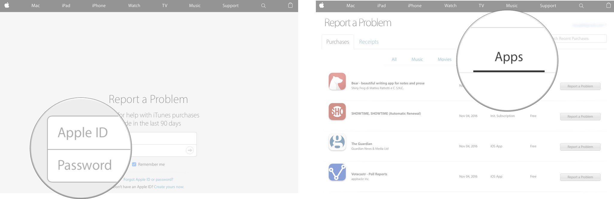Visit reportaproblem.apple.com, then enter your Apple ID, then select the purchase tab for the item you want to report