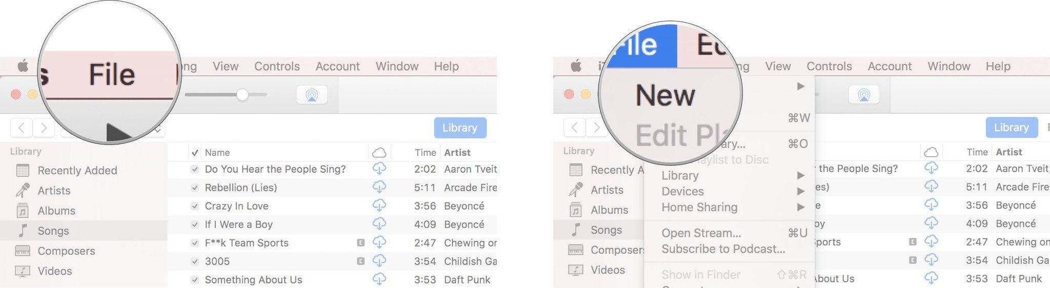 Launch iTunes on your Mac, click File in the top menu button, and then hover your cursor over New.