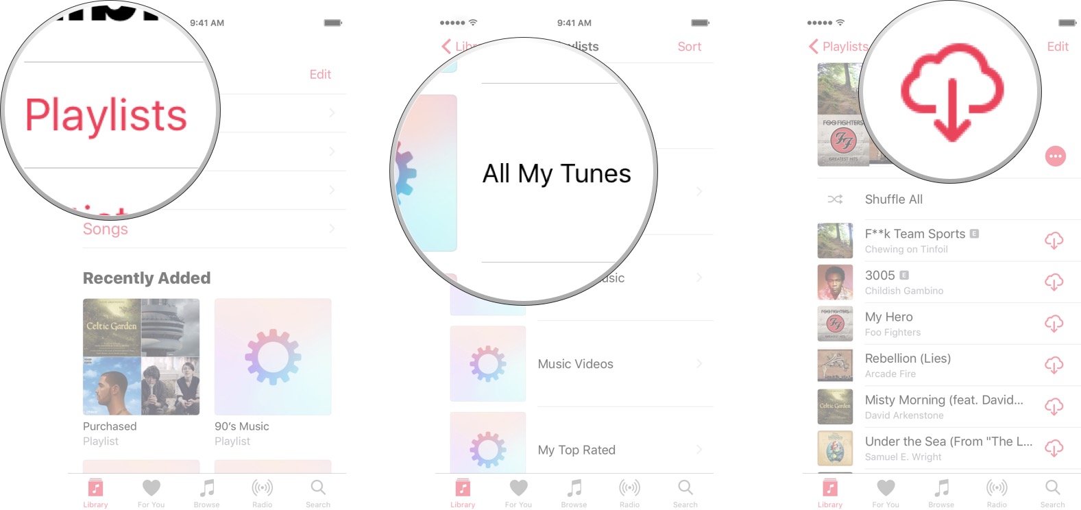 Запустите «Музыка» на своем iPhone или iPad, нажмите «Плейлист», нажмите на название своего умного плейлиста, а затем нажмите «Облако», чтобы начать загрузку всех треков.