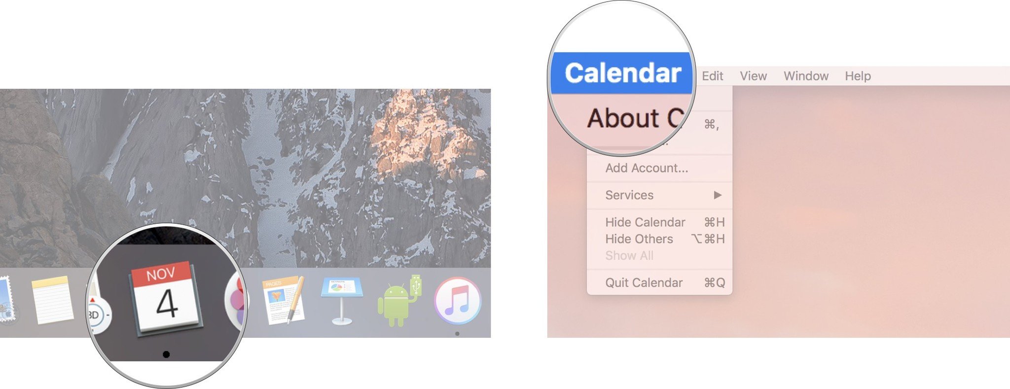 Запустите приложение «Календарь» и нажмите «Календарь» в верхней строке меню.