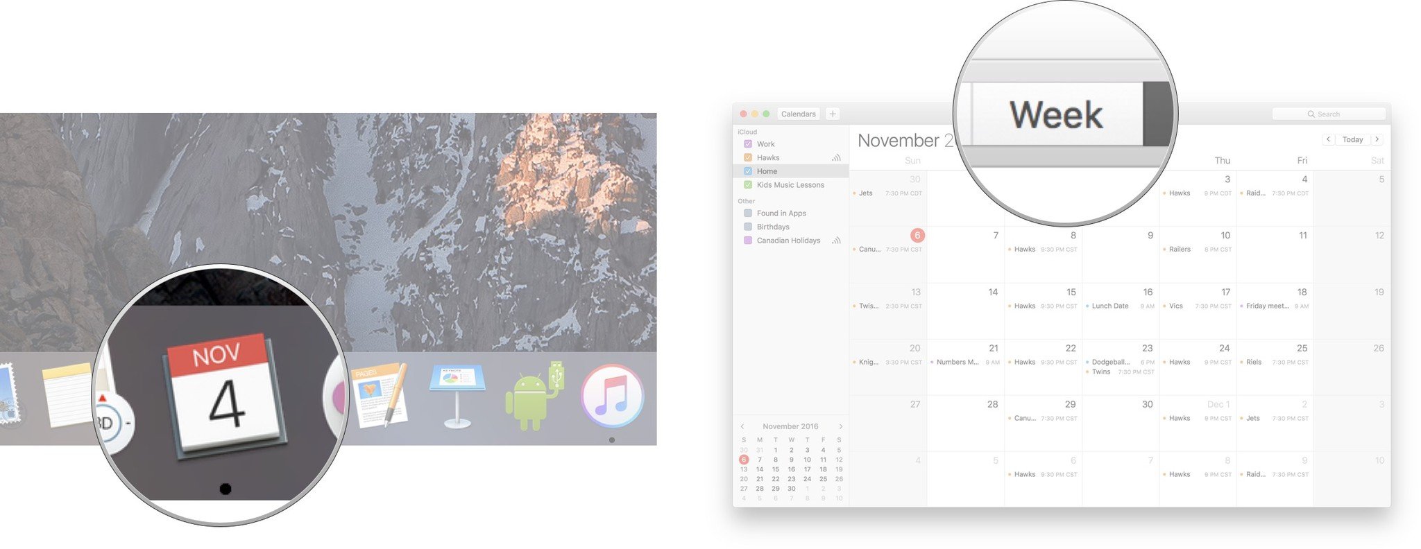 Launch the Calendar app and then click on the week tab.