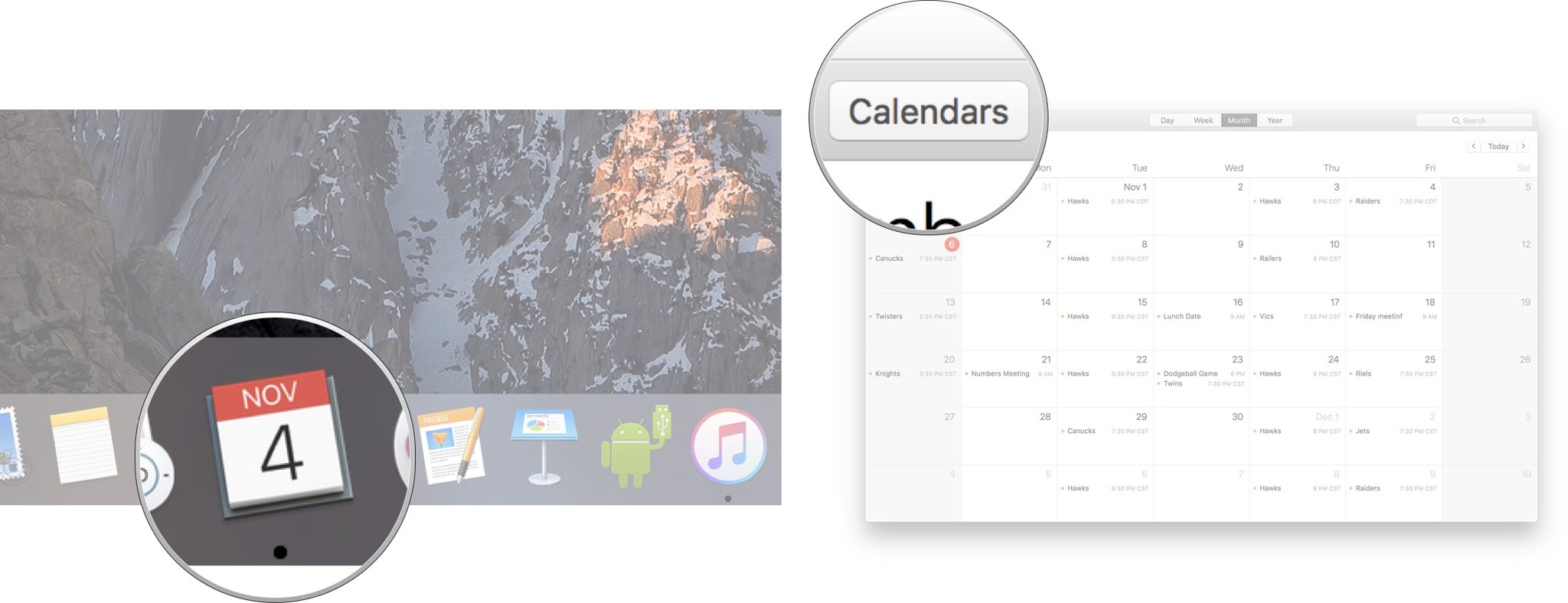 Launch the Calendar and then click Calendars.