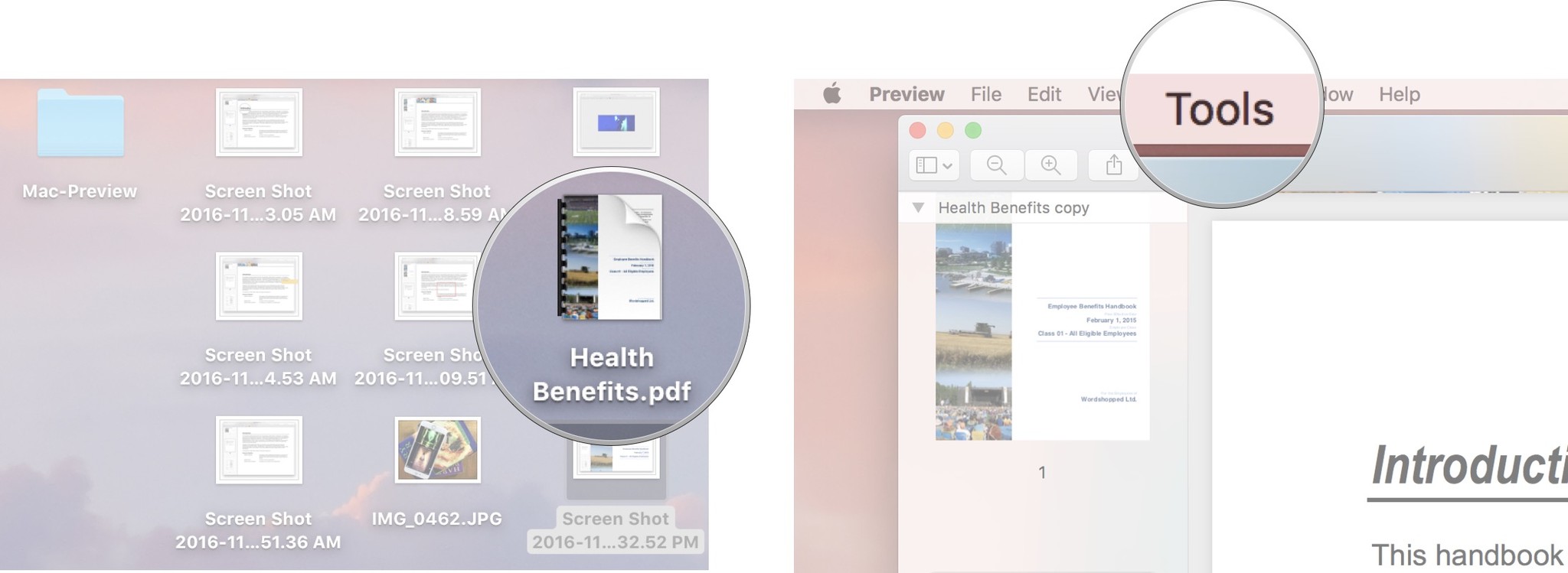 Open the file you want to annotate in Preview and then click Tools from the top menu bar.