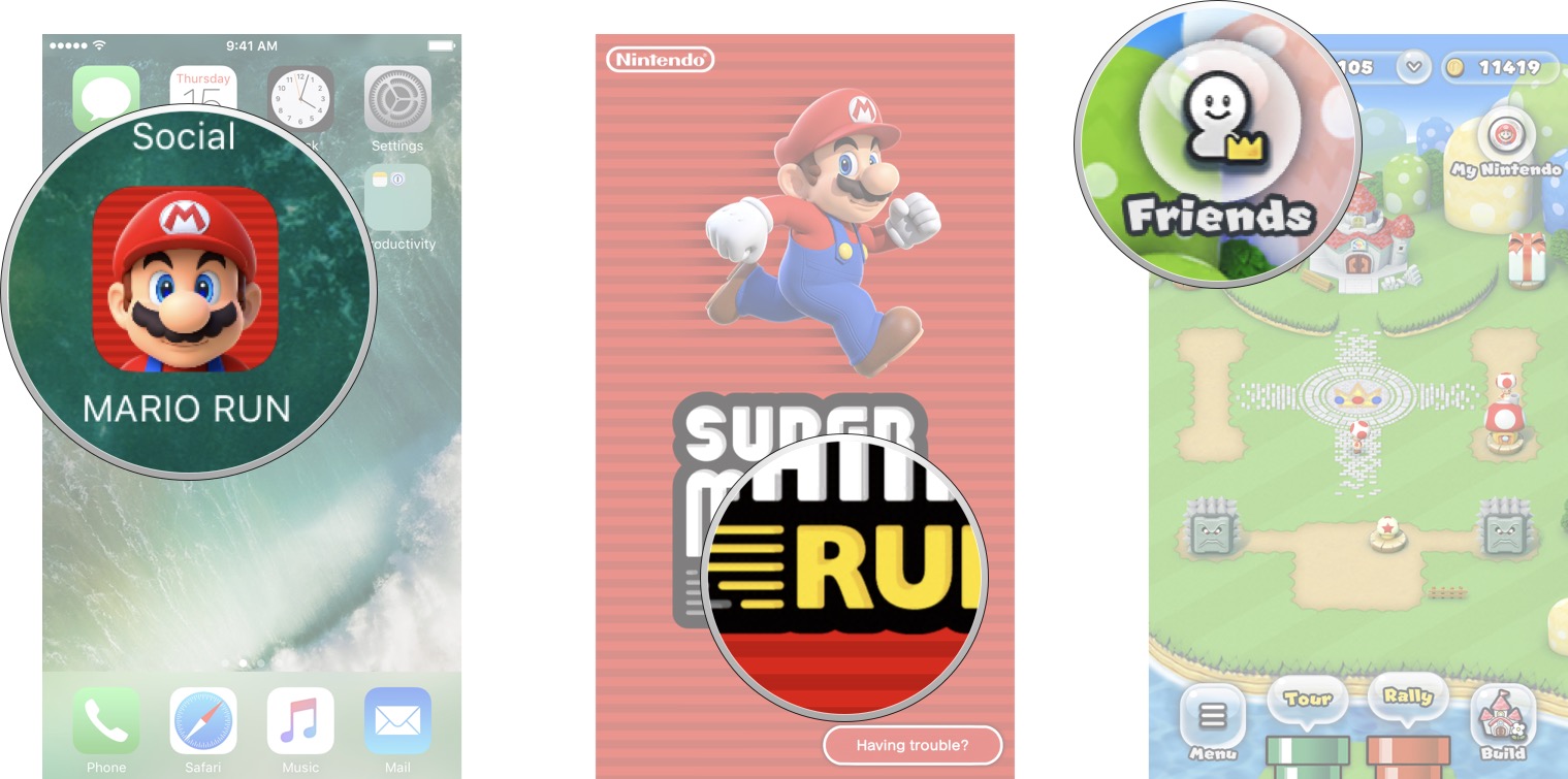 Запустите Super Mario Run, коснитесь экрана, чтобы загрузить меню, а затем коснитесь кнопки «Друзья».