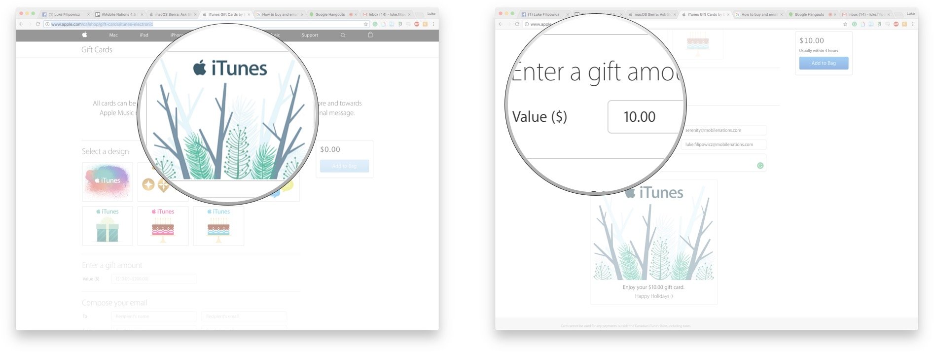 Запустите веб-браузер, перейдите на веб-сайт iTunes Gift Crads по электронной почте, щелкните нужный дизайн и введите желаемую сумму на подарочной карте.