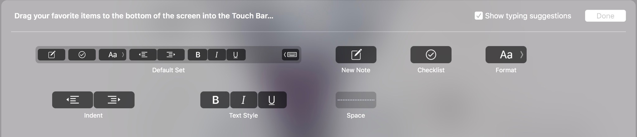 Настройка инструментов форматирования в приложении Notes для Touch Bar