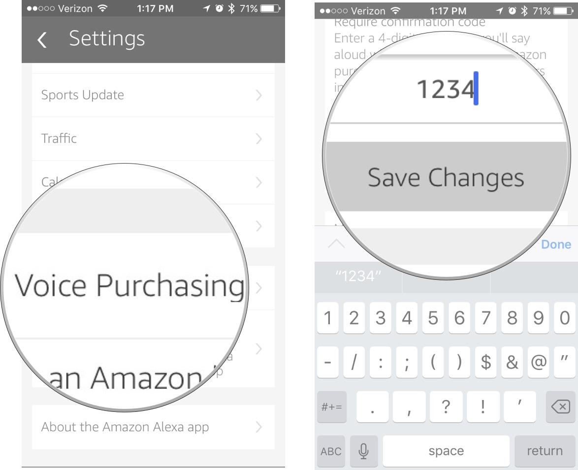 Tap Voice Purchasing, then enter a 4-digit code, then tap Save Changes