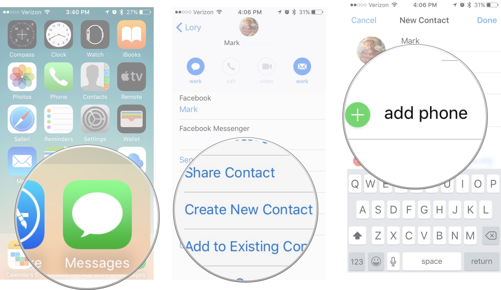 Откройте приложение «Сообщения», затем коснитесь карточки контакта, затем коснитесь «Создать новый контакт», затем добавьте новую информацию.