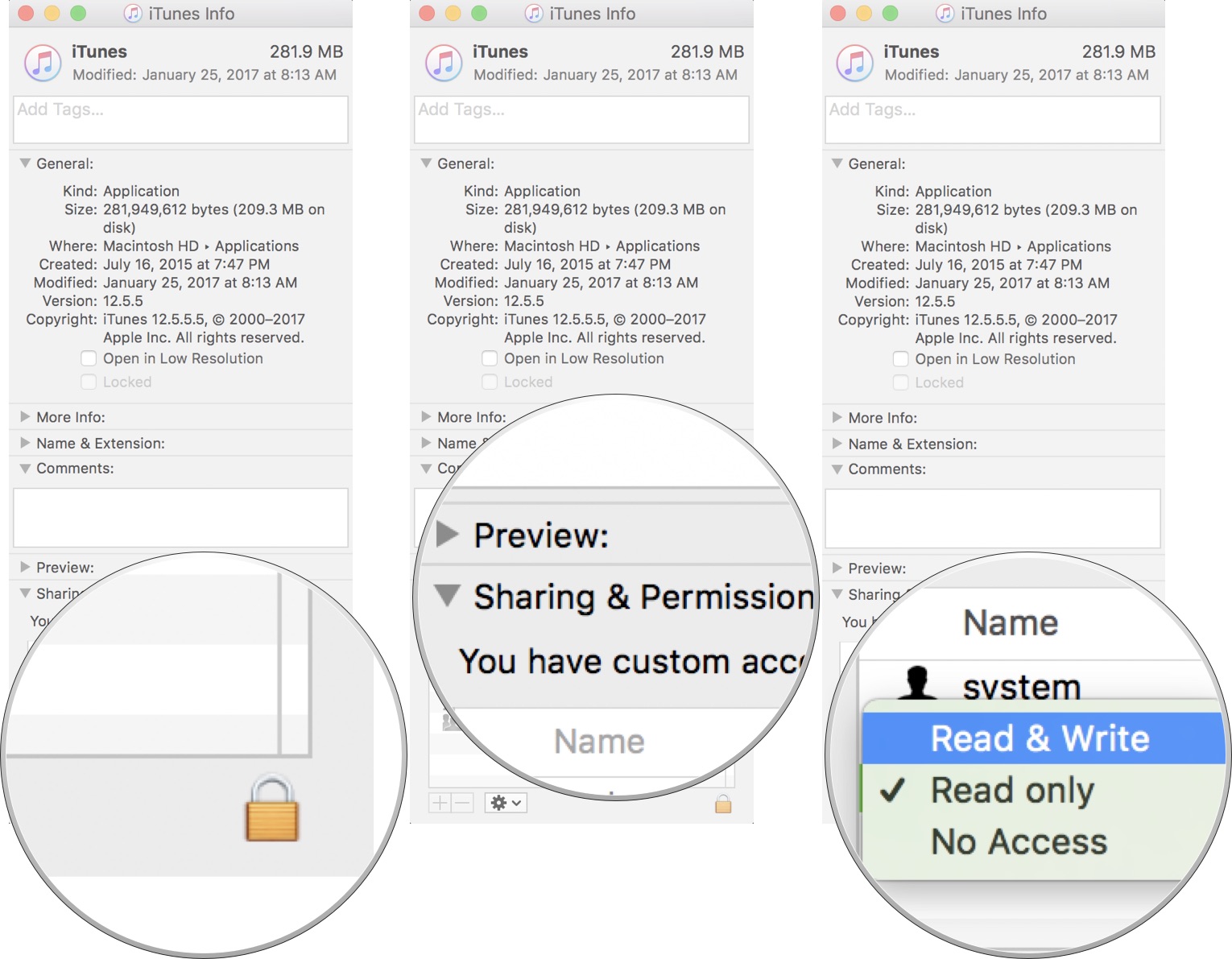 Unlock the window, then click Sharing and permissions, then change the Everyone permissions to read and write