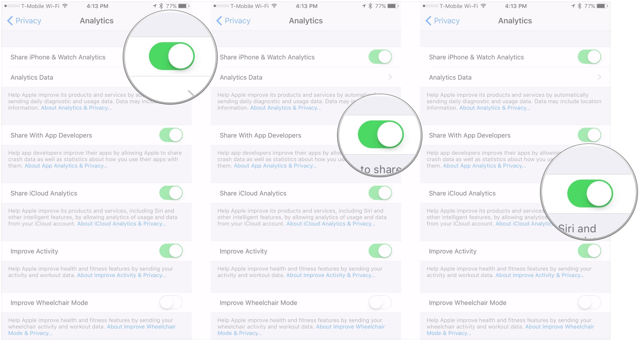 Flip switches for Share iPhone analytics, share with devs, share iCloud