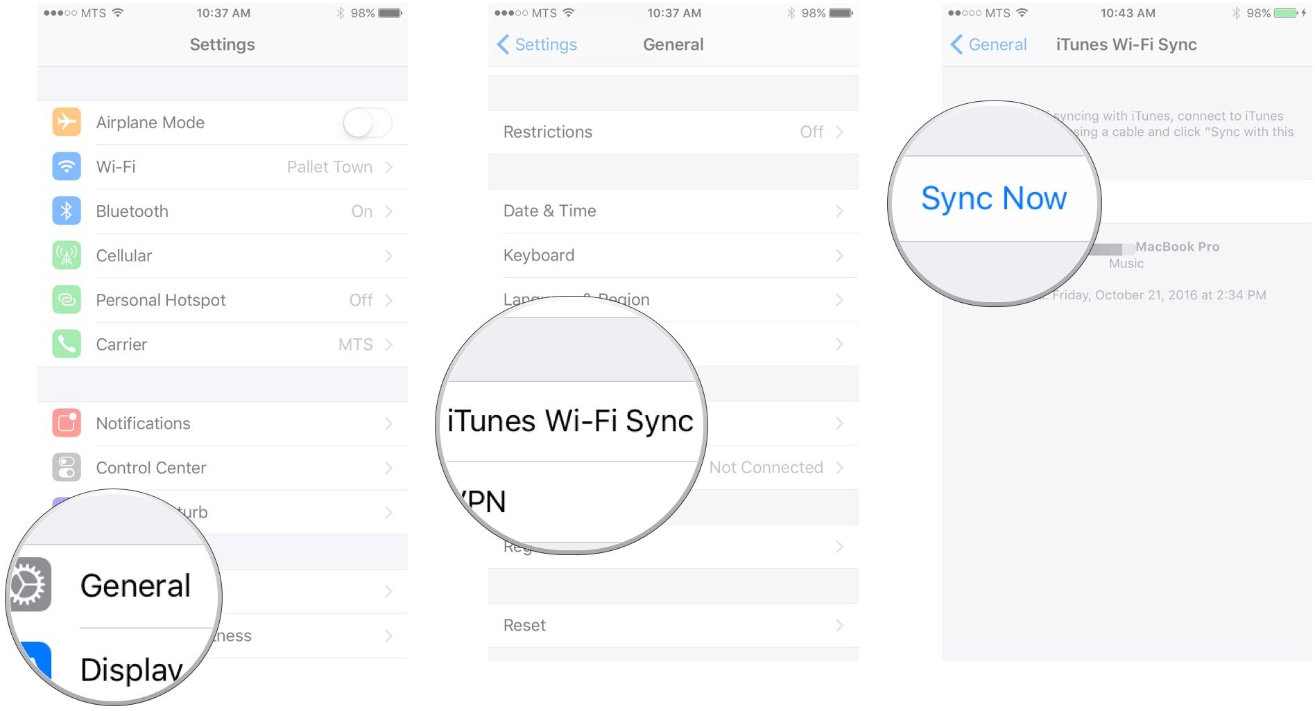 Tap General, iTunes Wi-Fi Sync, Sync Now