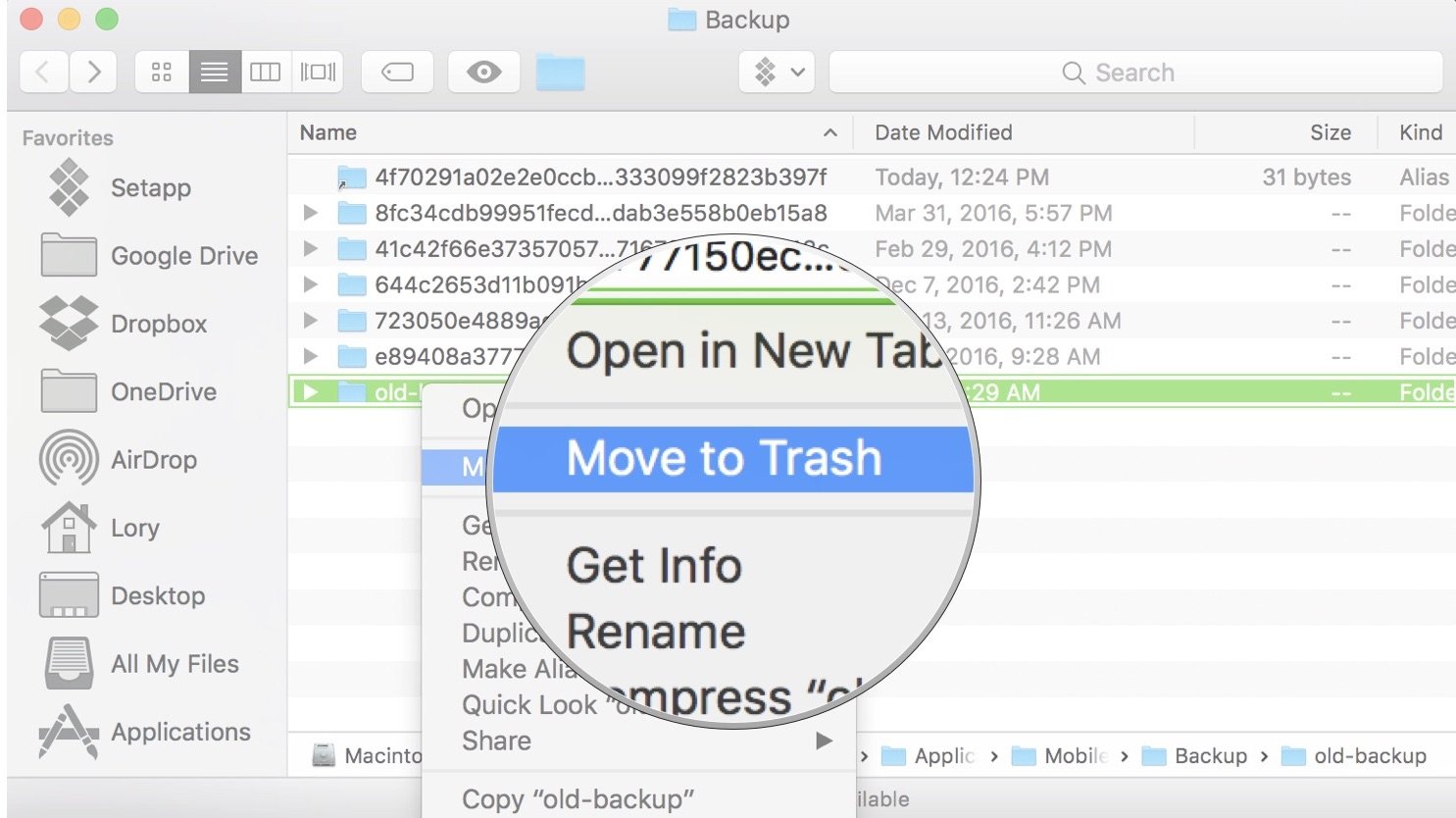 Move iPhone or iPad backups to external hard drive by showing Delete the old backup