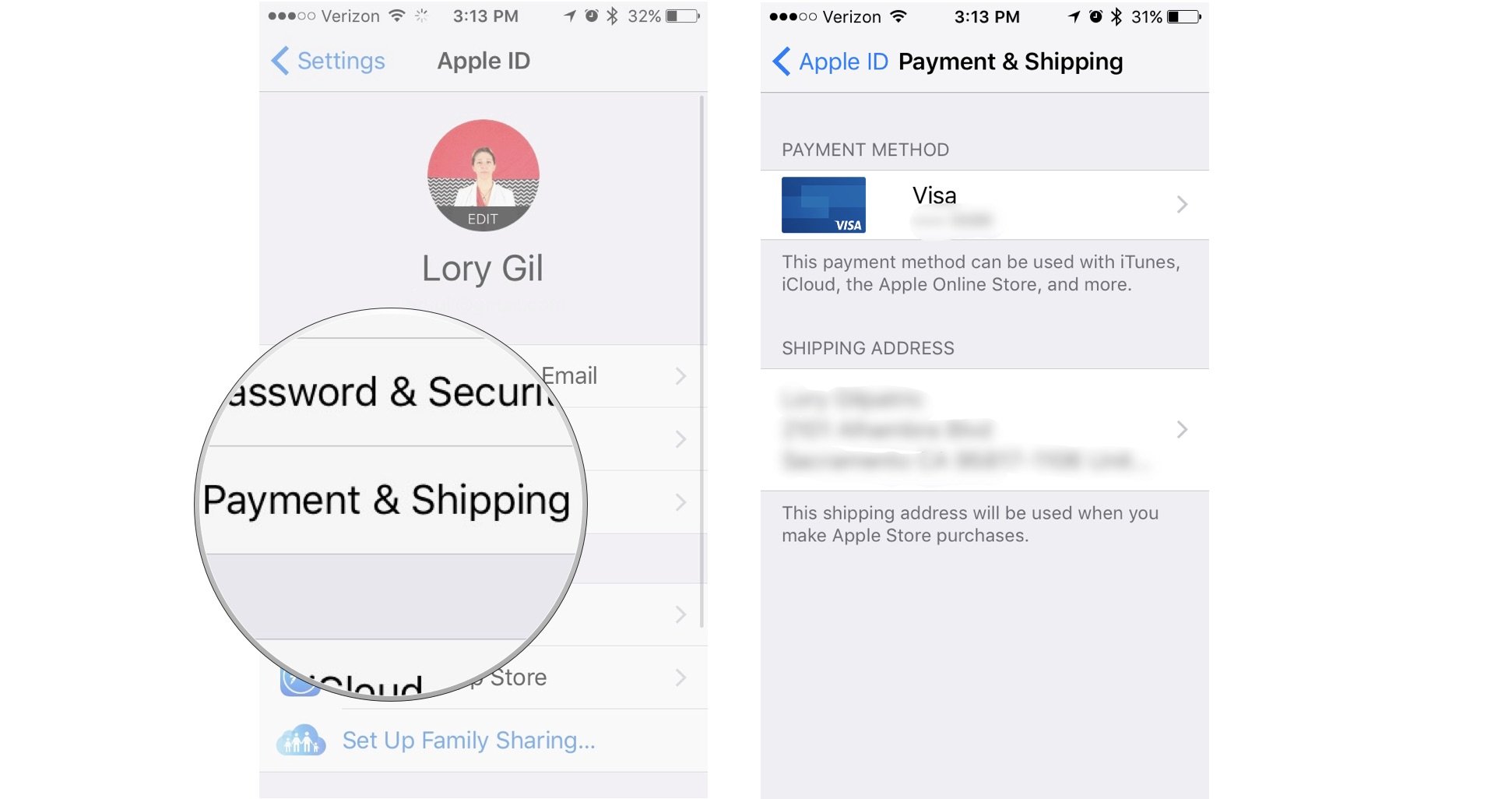 Tap Payments and shipping, then change your information