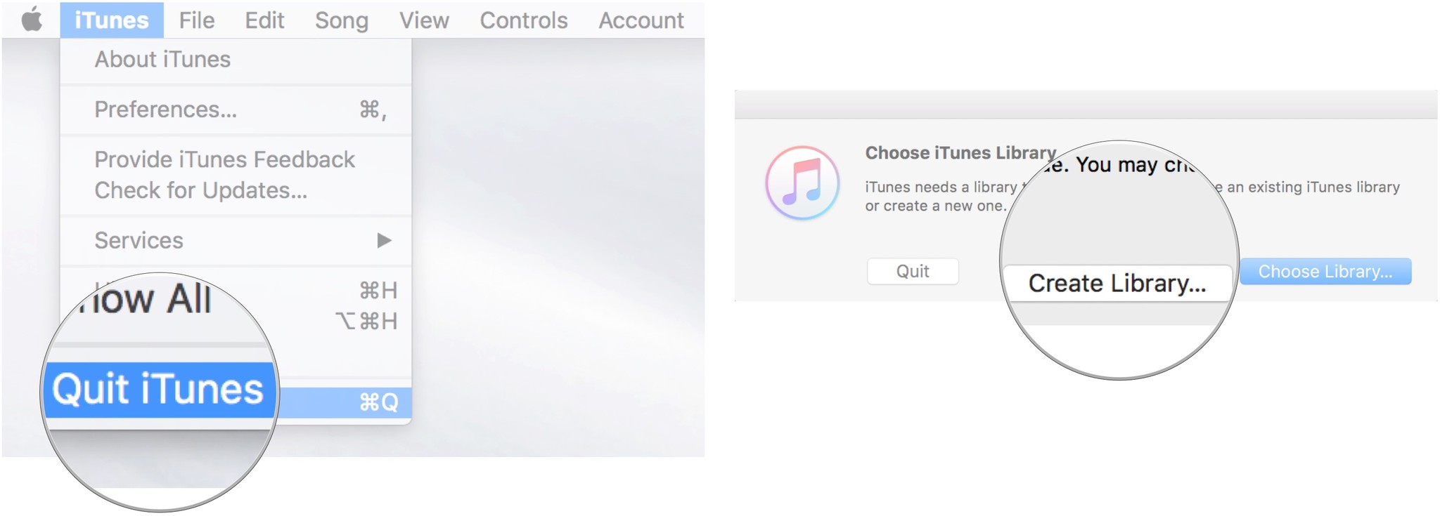 Закройте iTunes, затем запустите iTunes, удерживая клавишу Option, затем нажмите «Создать библиотеку».