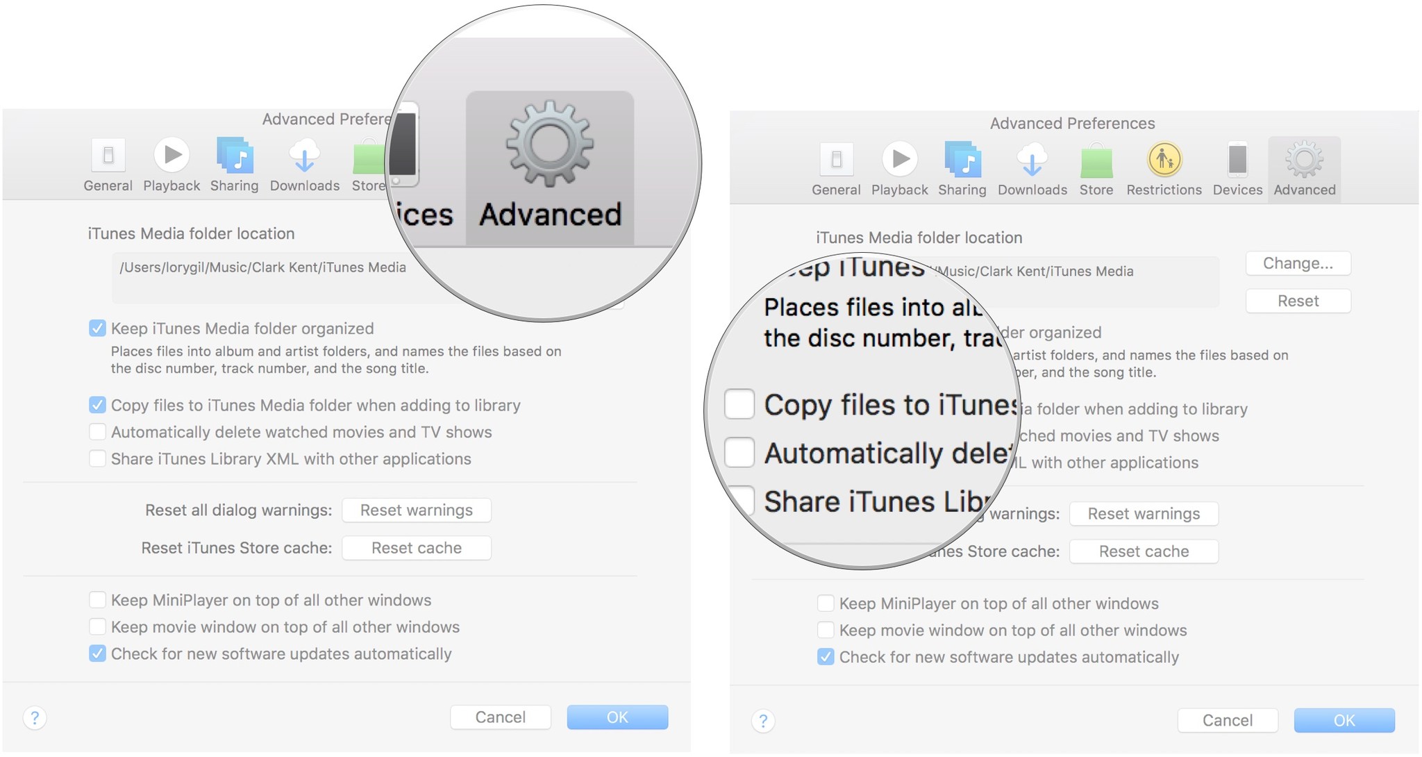 Click on Advanced, then untick the box for Copy files to iTunes