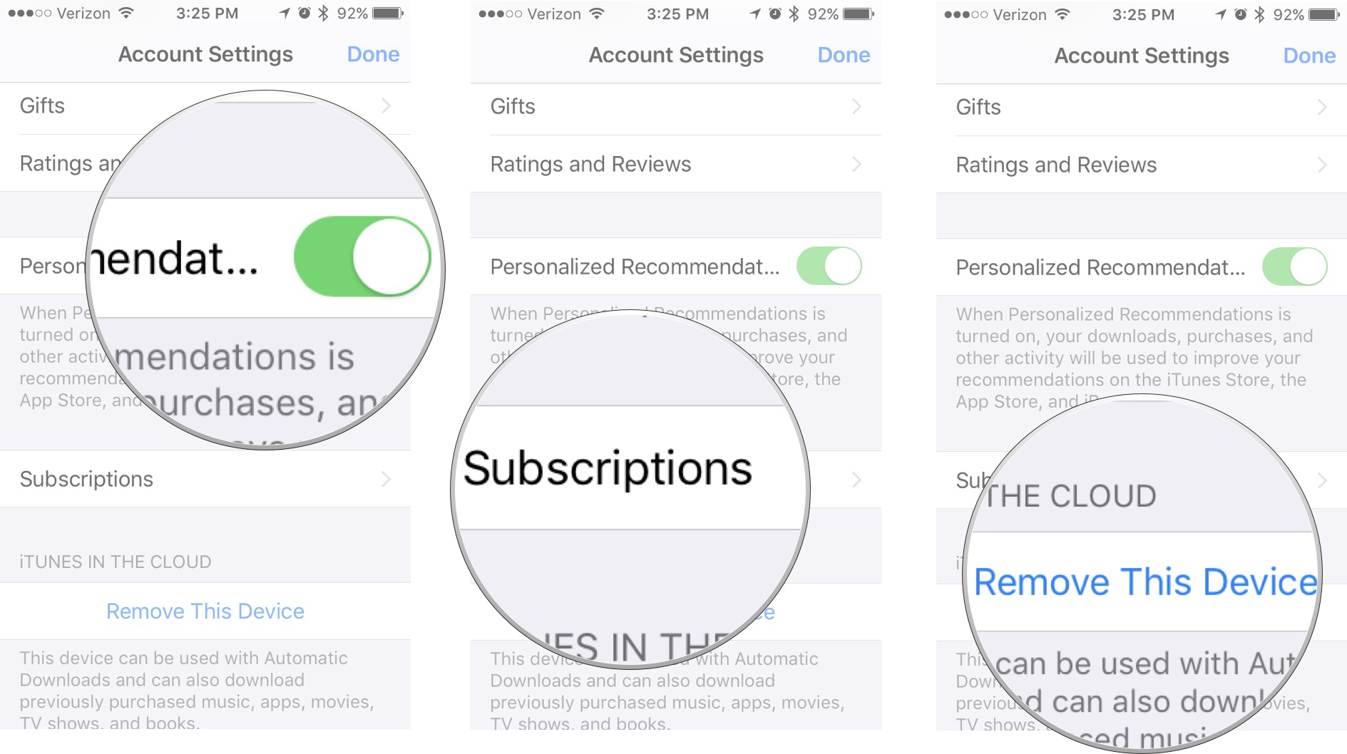 Toggle Personalize Recommendations, Tap Subscriptions, Tap Remove Device